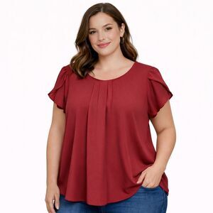 Torrid Blouse Womens 2 Red Flutter Sleeve Pleated Bow Back Top Plus Size